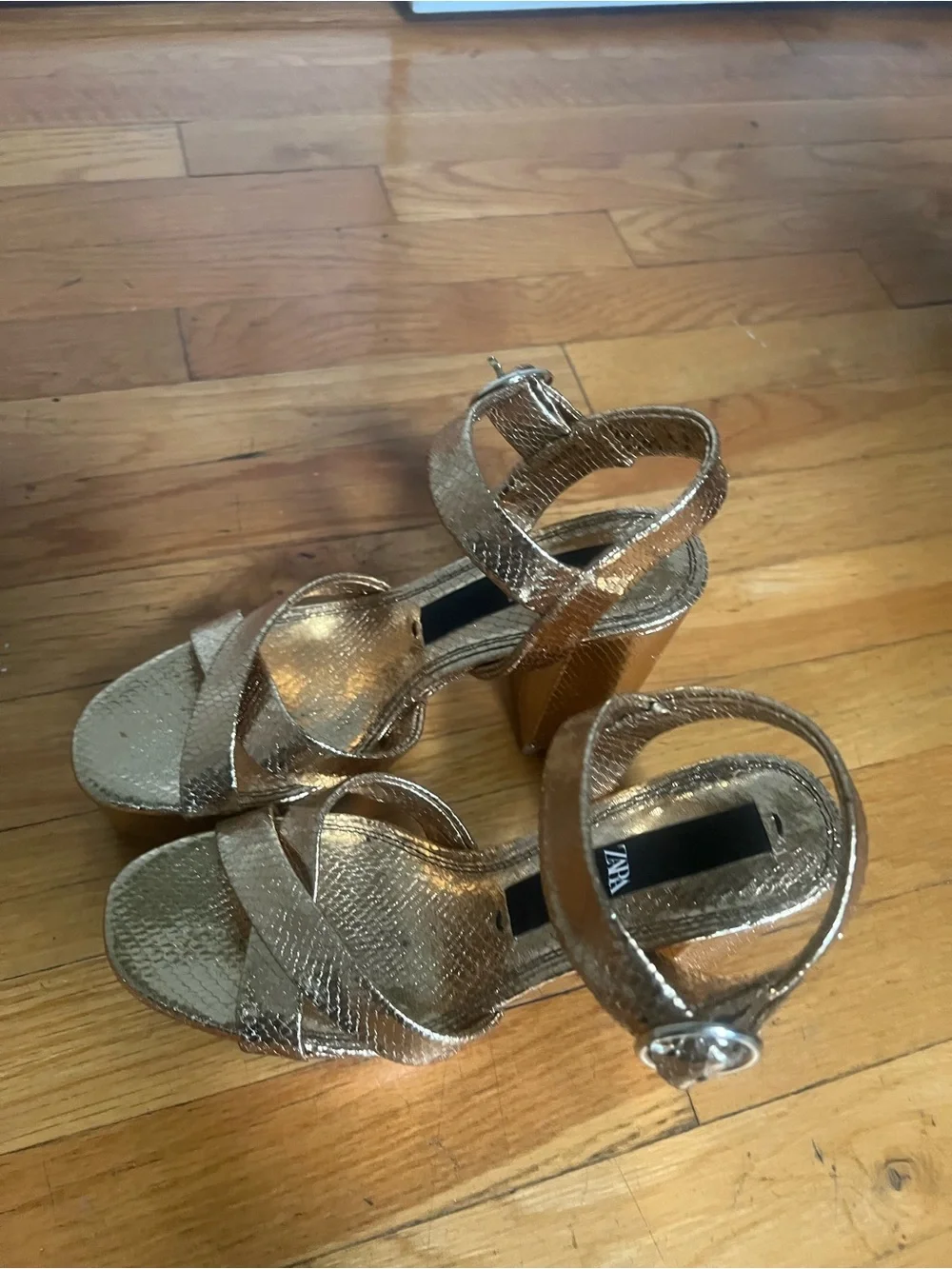 Zara Metallic Gold Platform Ankle-Strap Heels
